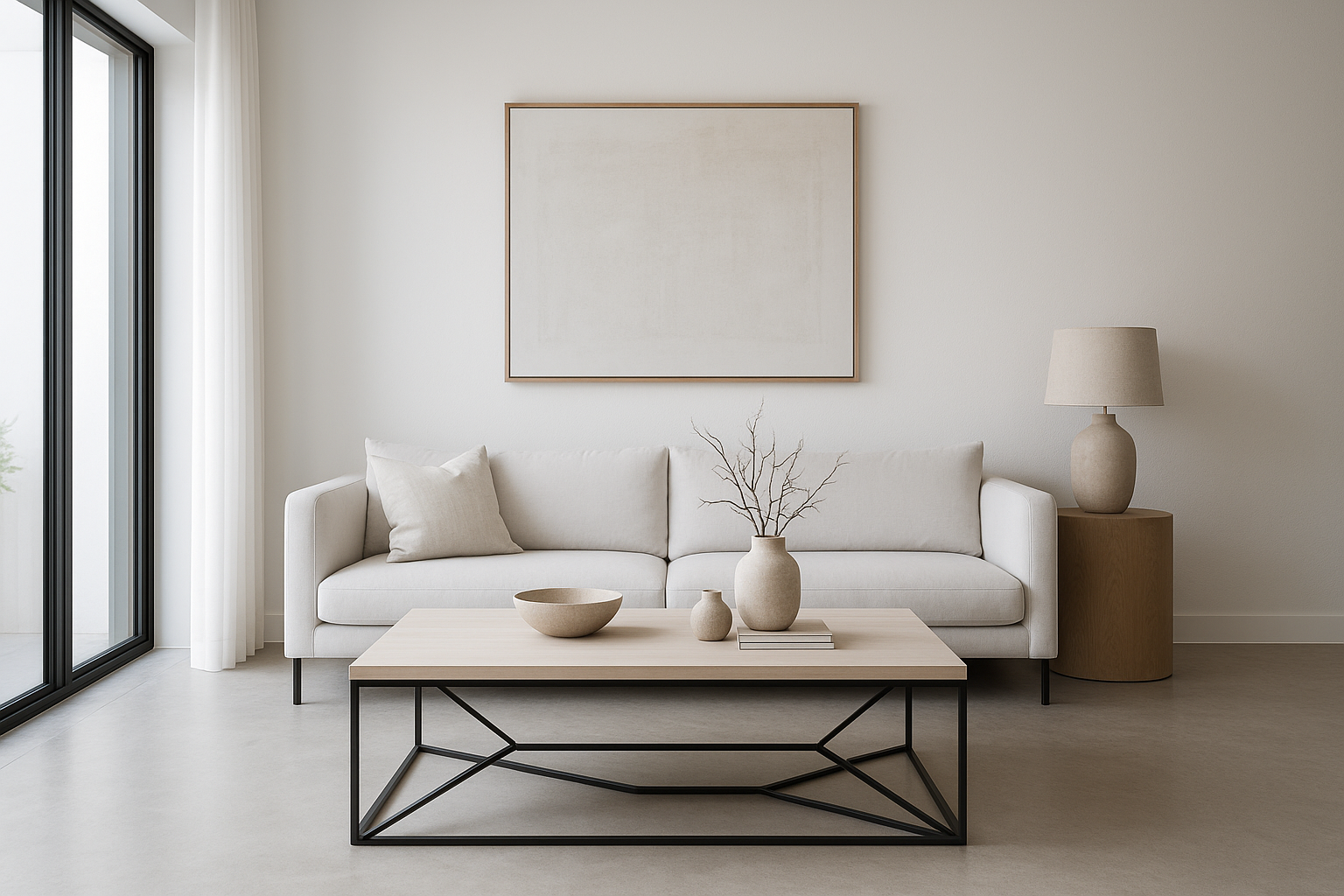 an image of a modern minimalistic living room, for a home decor website