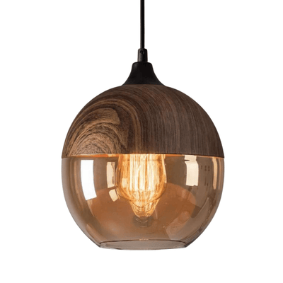 Scandinavian Wood Ceiling Lamp – Warm Timber & Smoke Glass Shade