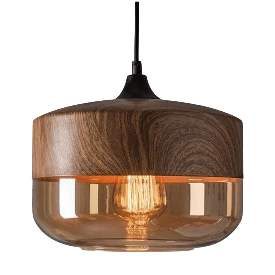 Scandinavian Wood Ceiling Lamp – Warm Timber & Smoke Glass Shade