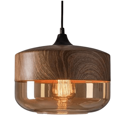 Scandinavian Wood Ceiling Lamp – Warm Timber & Smoke Glass Shade