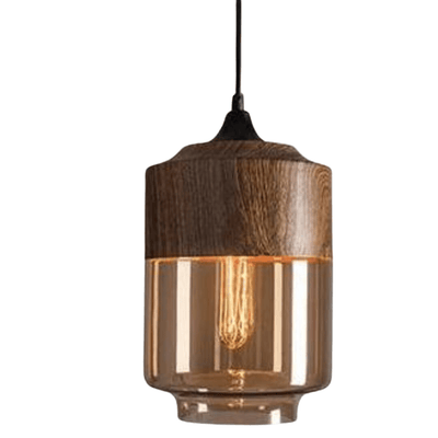 Scandinavian Wood Ceiling Lamp – Warm Timber & Smoke Glass Shade