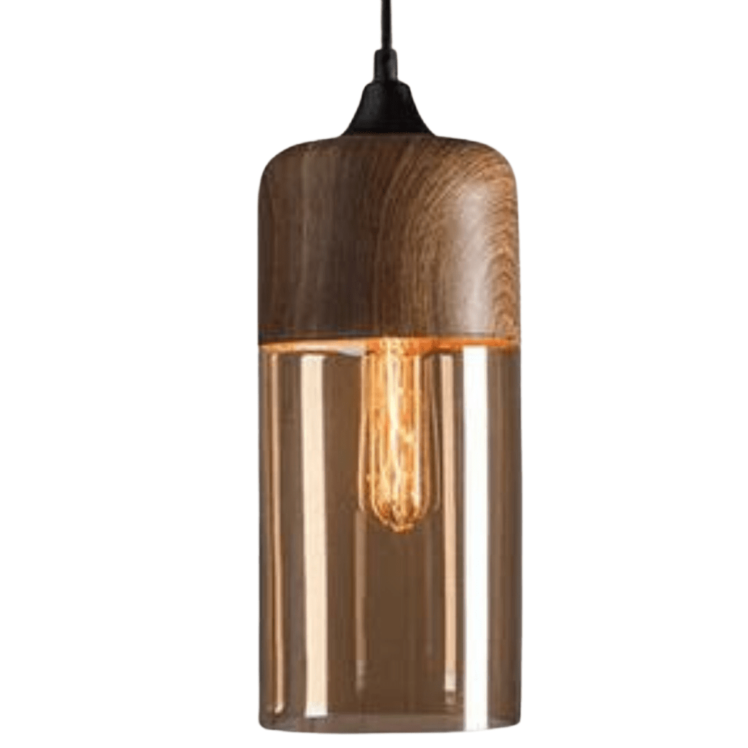 Scandinavian Wood Ceiling Lamp – Warm Timber & Smoke Glass Shade