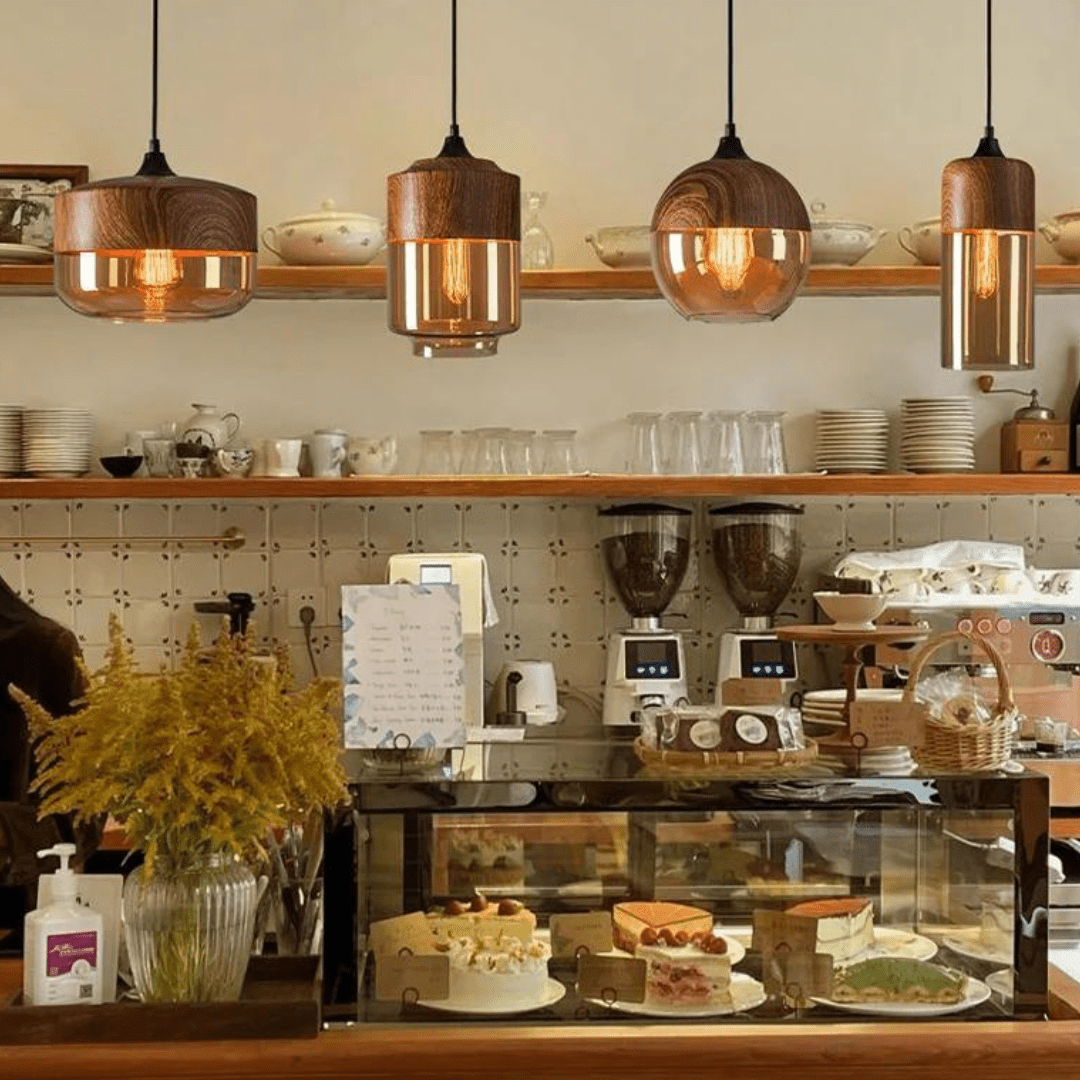 Scandinavian Wood Ceiling Lamp – Warm Timber & Smoke Glass Shade