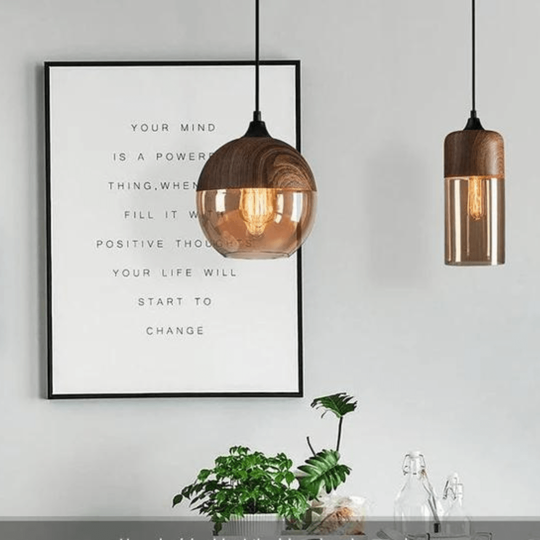 Scandinavian Wood Ceiling Lamp – Warm Timber & Smoke Glass Shade