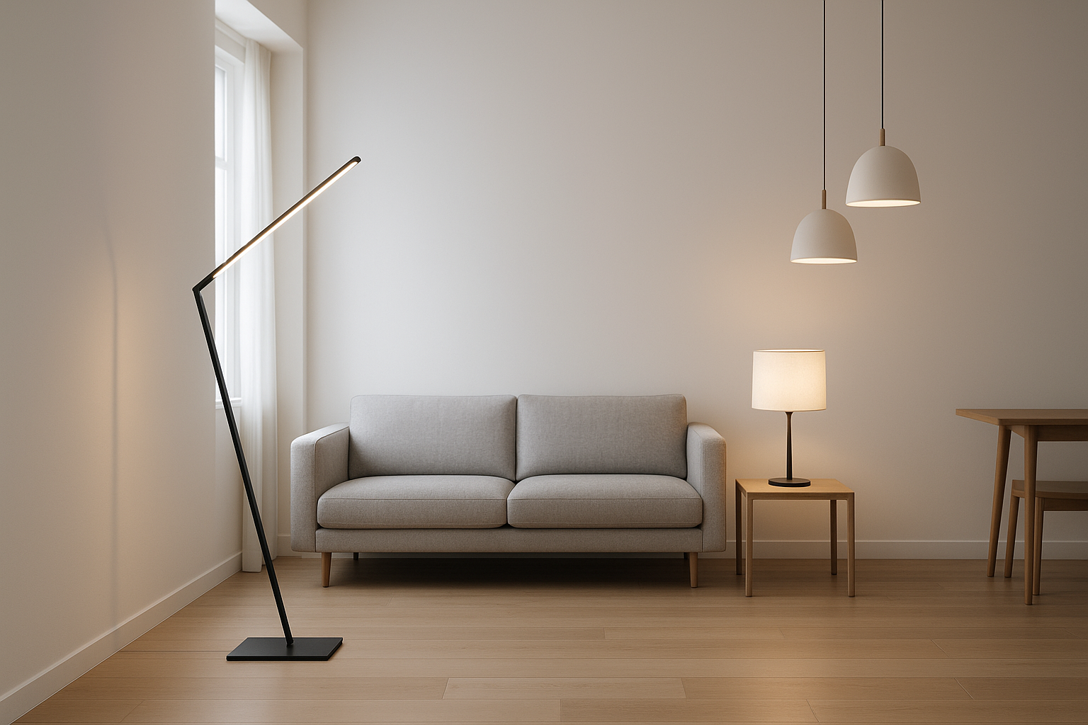 Give me a modern living room that is minimalistic. But this will be used for a lamp store. So subtly make it known that its about the lamps 